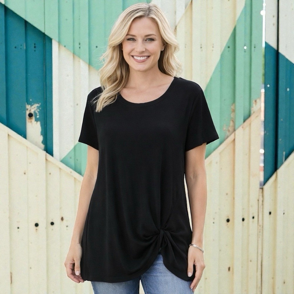 NEW Green Tea Twist Front Tunic‎ Top Ribbed Short Sleeve Round Neck Stretch XXL
